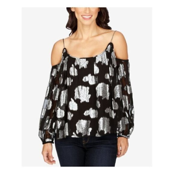 Lucky Brand Blouse XS NWT Off Shoulder Floral Silver Metallic - Picture 1 of 13